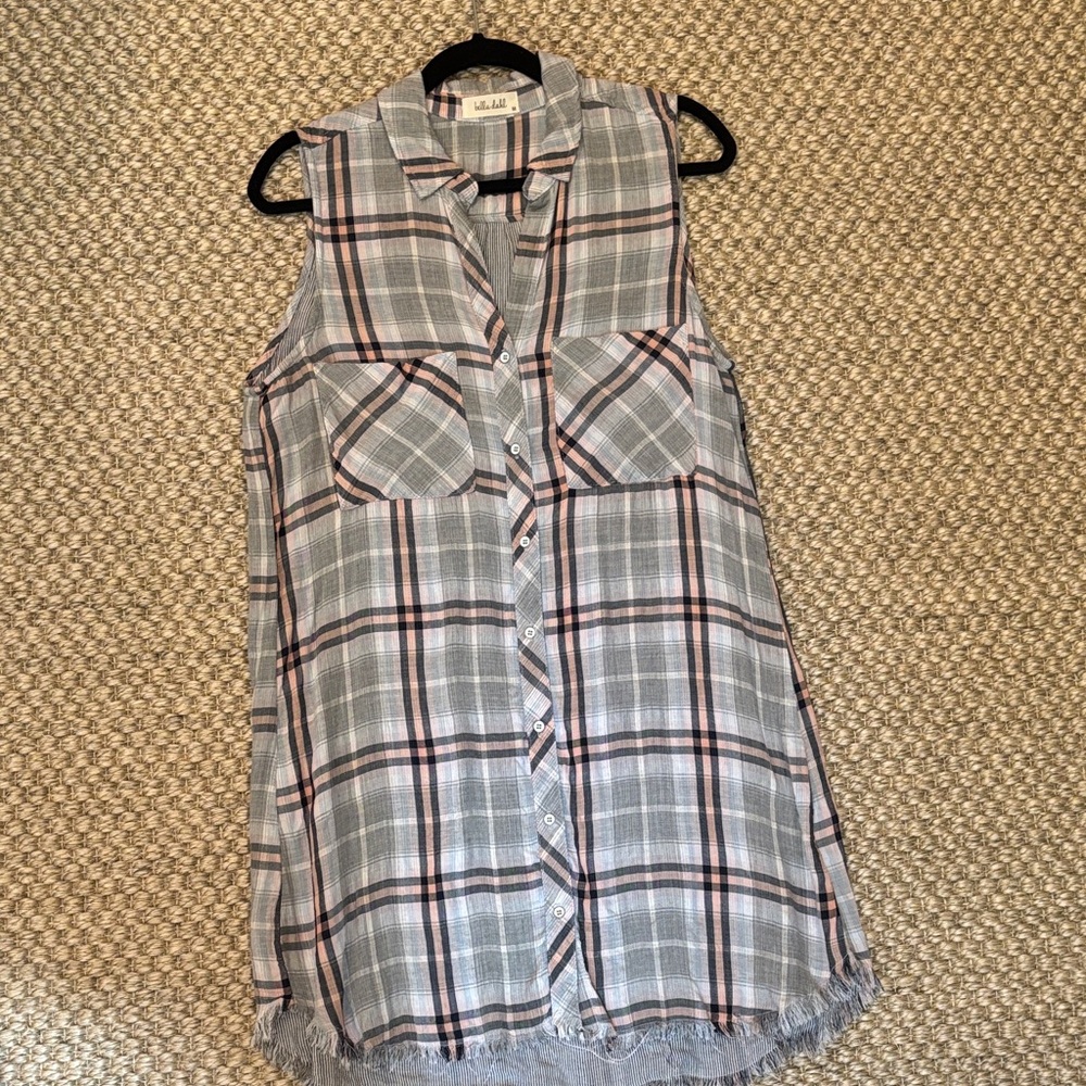 Bella Dahl Gray and Pink Plaid Sleeveless Button Tunic